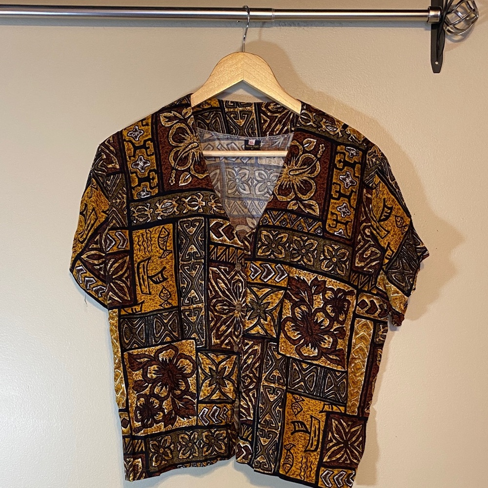 Stylish Patchwork Blouse in Brown and Gold